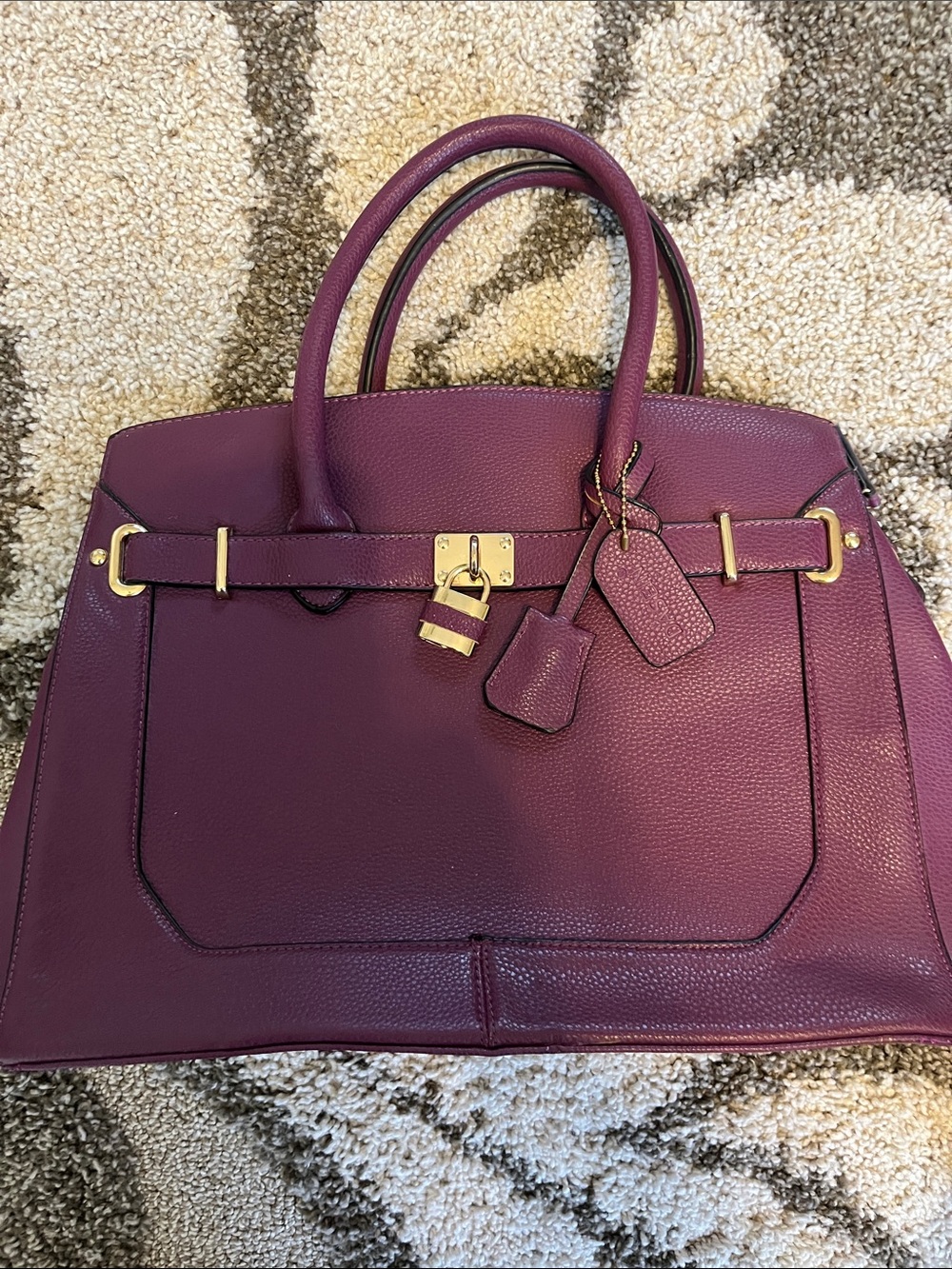 Dasein Structured Plum Leather Satchel with Gold Hardware